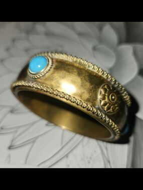 Gold-Tone Turquoise Cabachon Brass Accent Cuff Bracelet - Women Jewelry